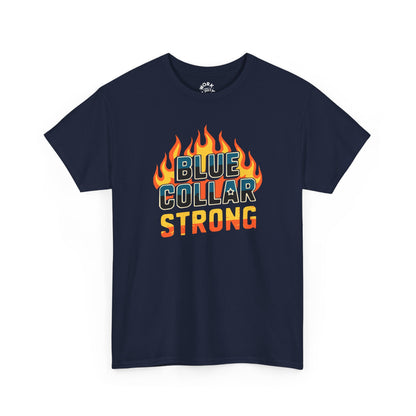 Navy blue t-shirt with 'Blue Collar Strong' text and flames on a white background