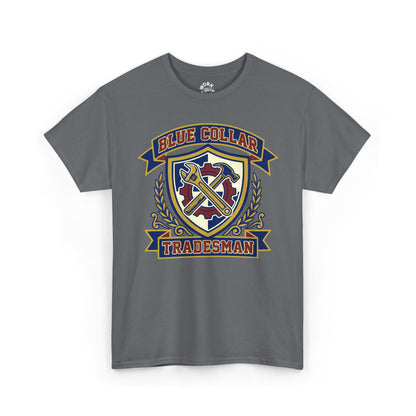 Gray t-shirt with 'Blue Collar Tradesman' graphic on a white background