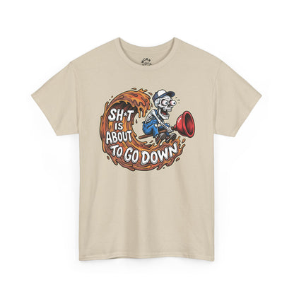 Beige t-shirt with a graphic design featuring a skeleton and text on a white background