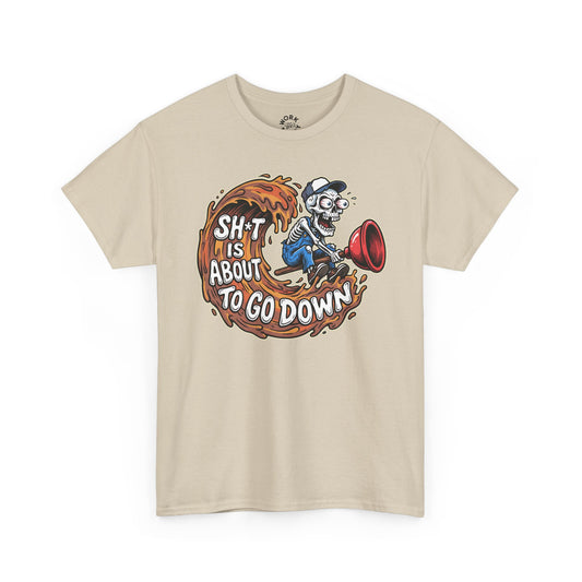 Beige t-shirt with a graphic design featuring a skeleton and text on a white background