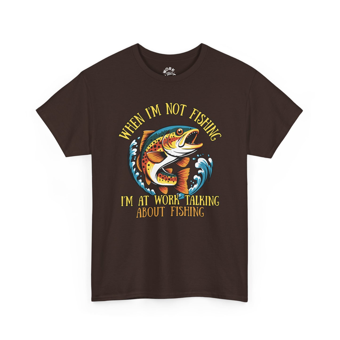 Brown t-shirt with fishing graphic and text on a white background