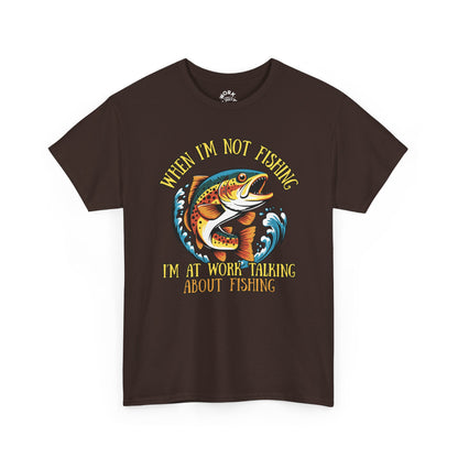 Brown t-shirt with fishing graphic and text on a white background