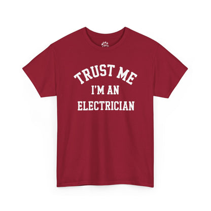 Red t-shirt with 'Trust Me I'm an Electrician' text on a white background