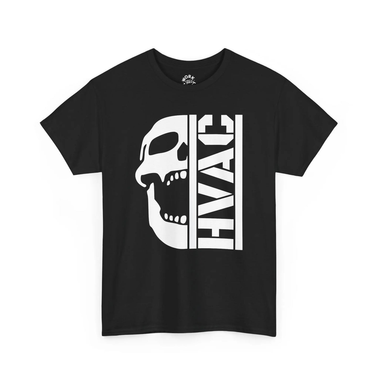 Black t-shirt with a white skull and 'HVAC' text design on a white background