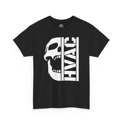 Black t-shirt with a white skull and 'HVAC' text design on a white background