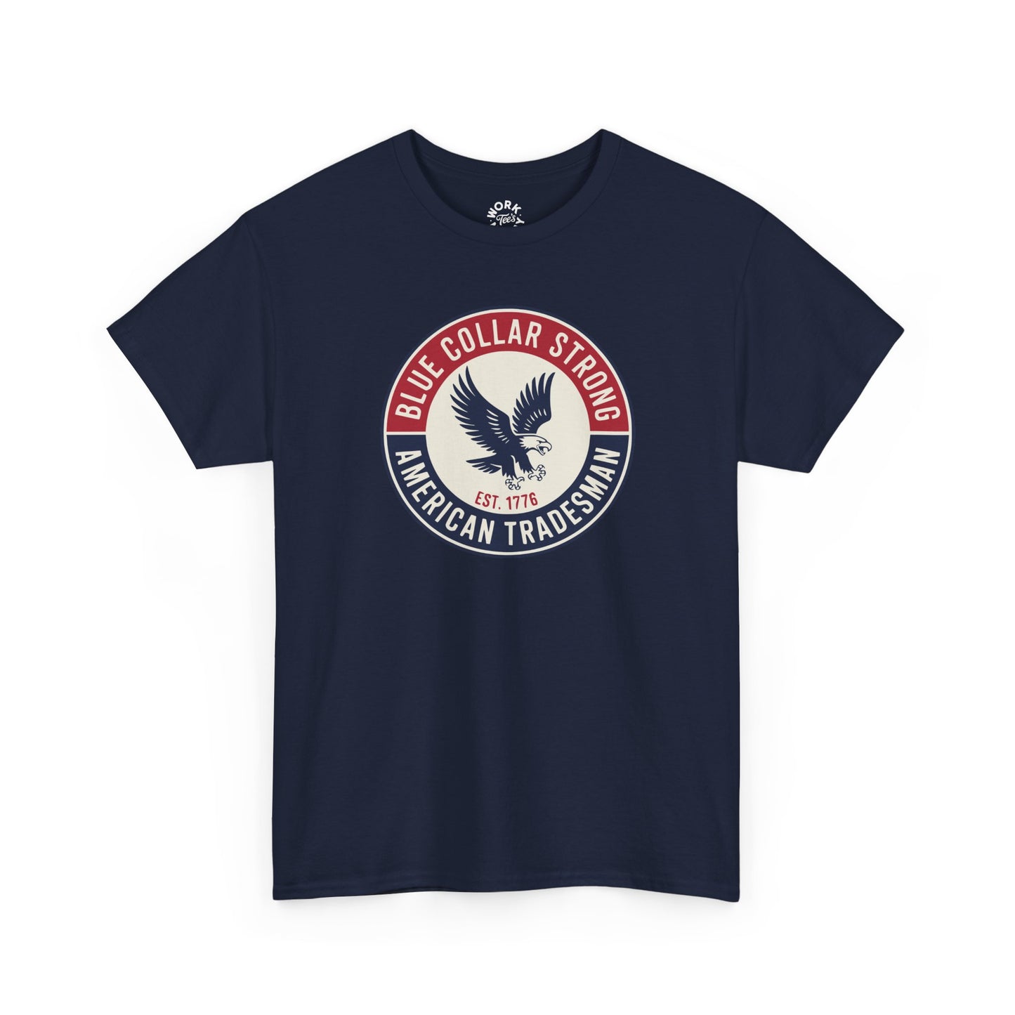 Navy blue t-shirt with an eagle graphic and text on a white background
