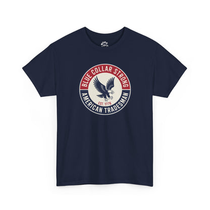 Navy blue t-shirt with an eagle graphic and text on a white background