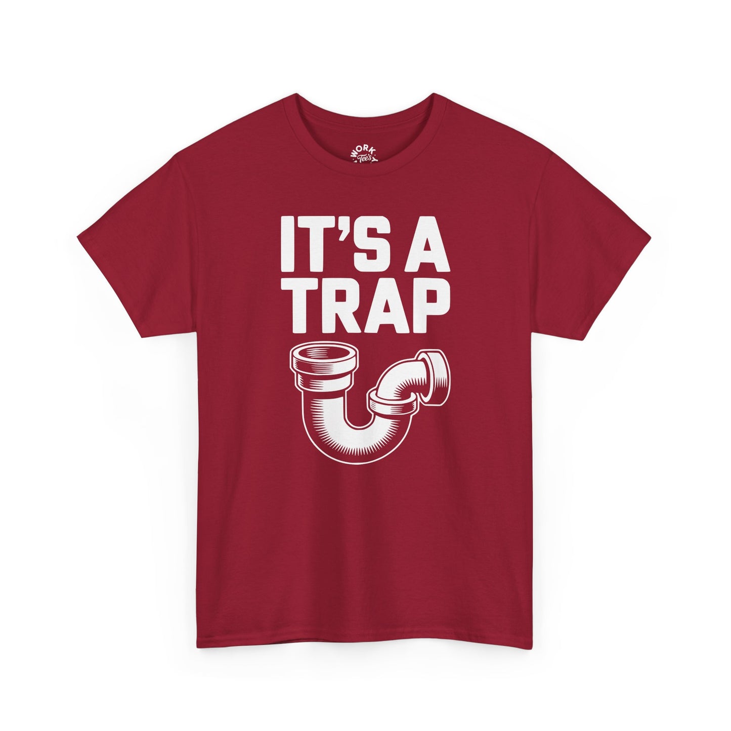 Red t-shirt with 'It's a Trap' graphic and text on a white background