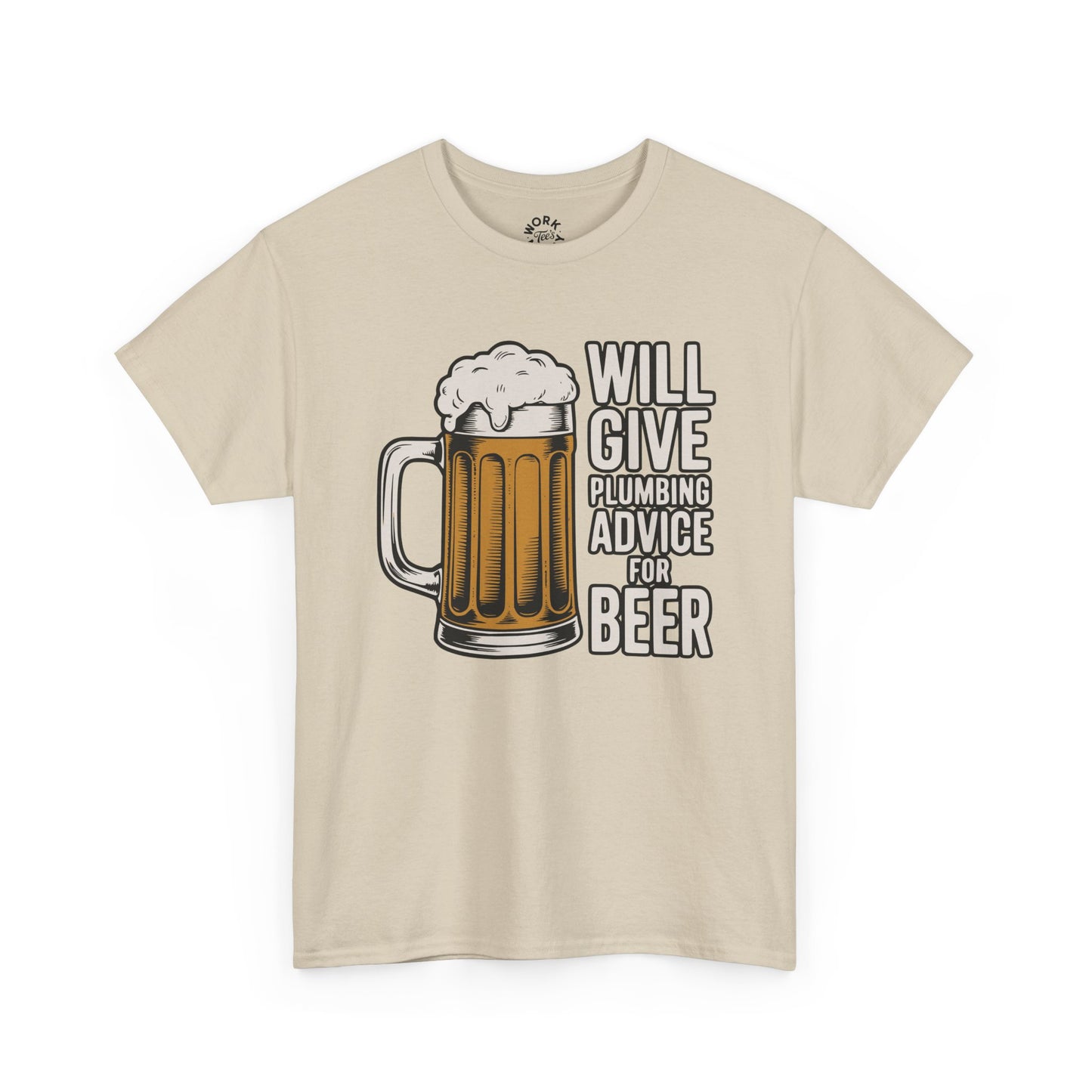 Beige t-shirt with a graphic of a beer mug and text on a white background