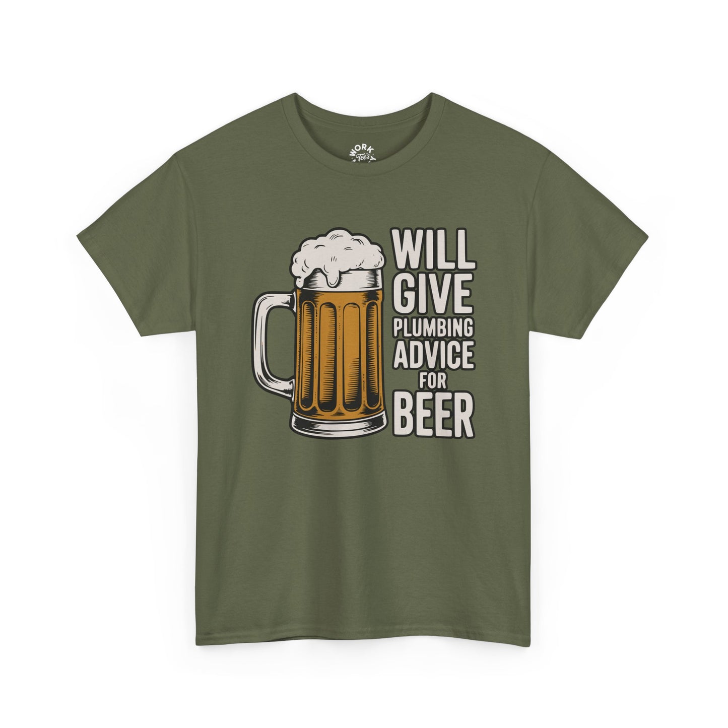 Green t-shirt with a graphic of a beer mug and text on a white background