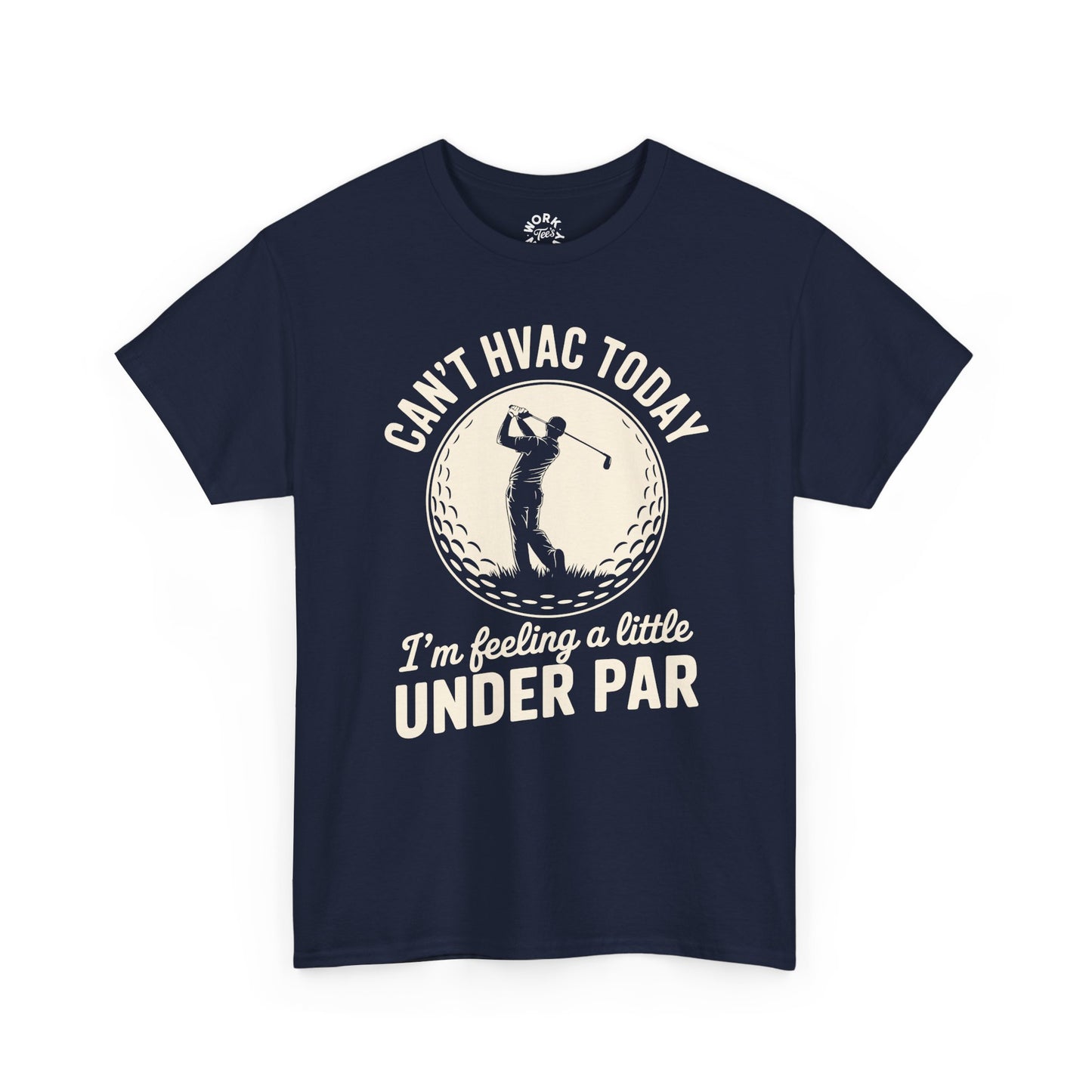 Navy blue t-shirt with golf-themed text and graphic on a white background