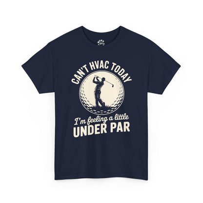 Navy blue t-shirt with golf-themed text and graphic on a white background