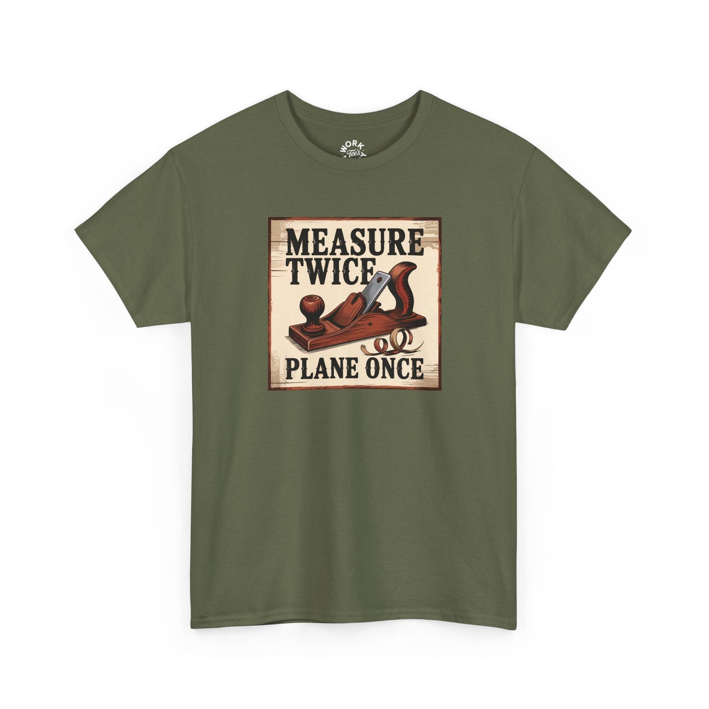 Green t-shirt with a graphic and text 'Measure Twice, Plane Once' on a white background