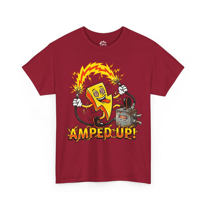 Red t-shirt with a cartoon character holding a battery and the text 'Amped Up!' on a white background