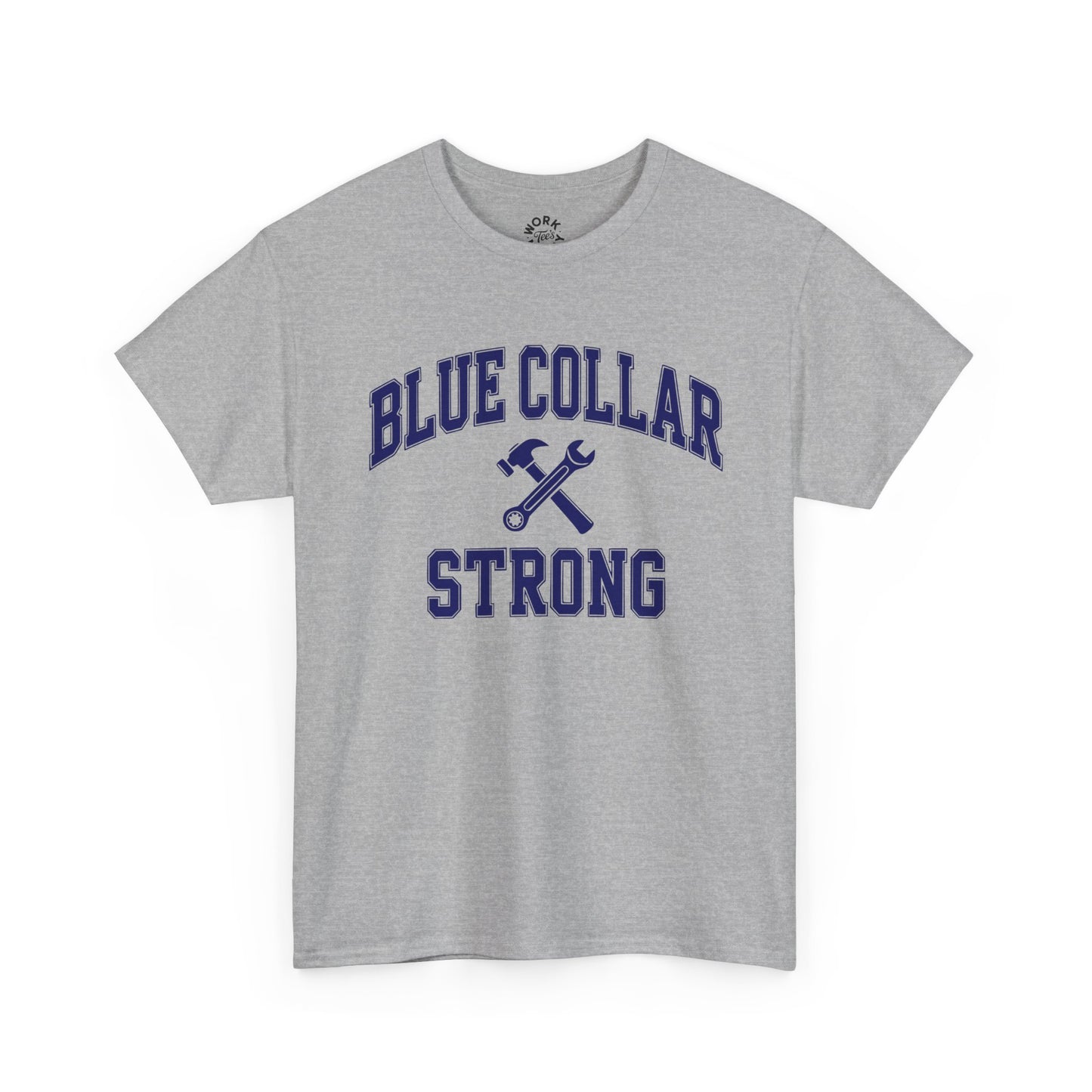 Gray t-shirt with 'Blue Collar Strong' text and hammer graphic on a white background