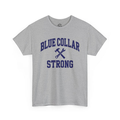 Gray t-shirt with 'Blue Collar Strong' text and hammer graphic on a white background