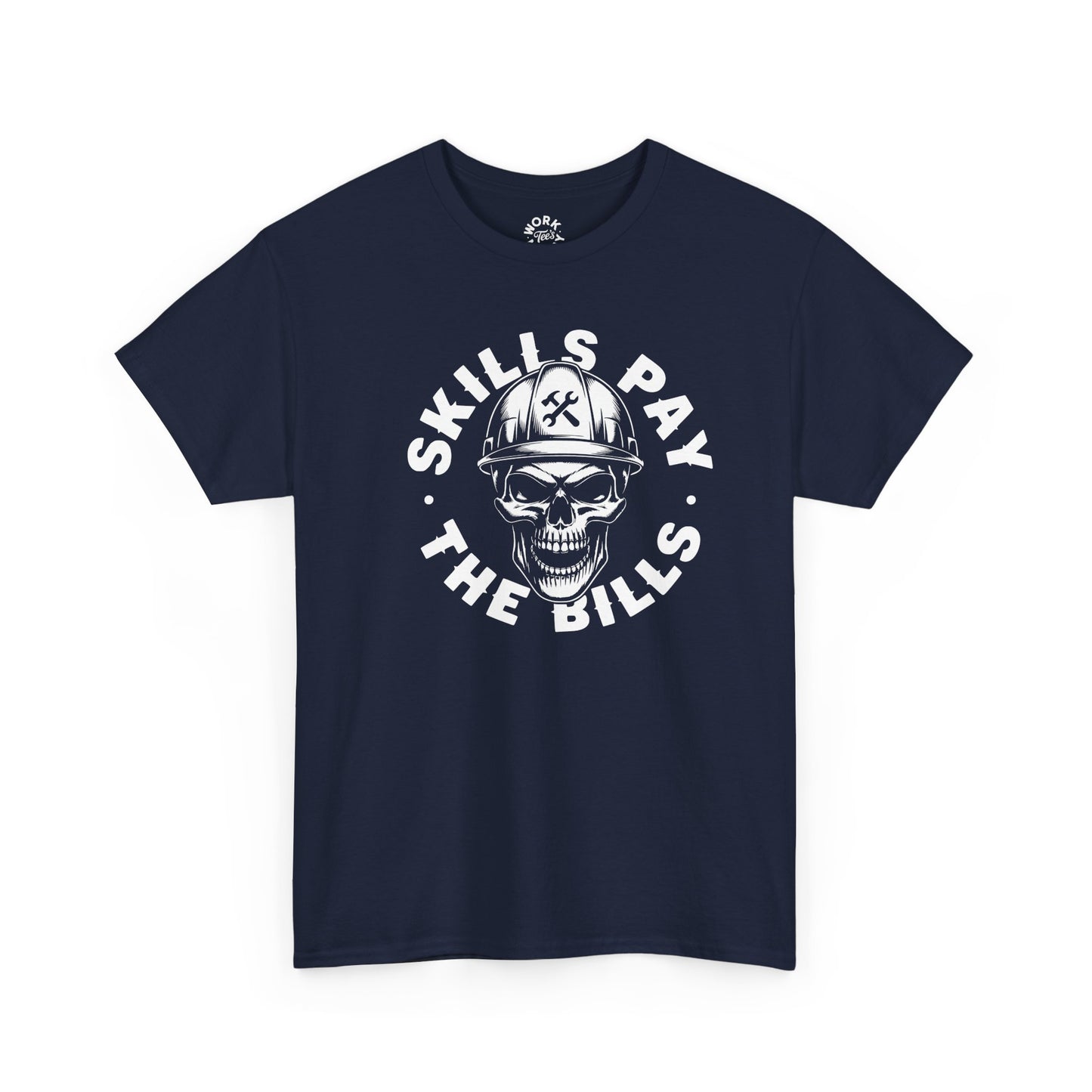 Navy blue t-shirt with a skull wearing a hard hat and text 'SKILLS PAY THE BILLS' on a white background