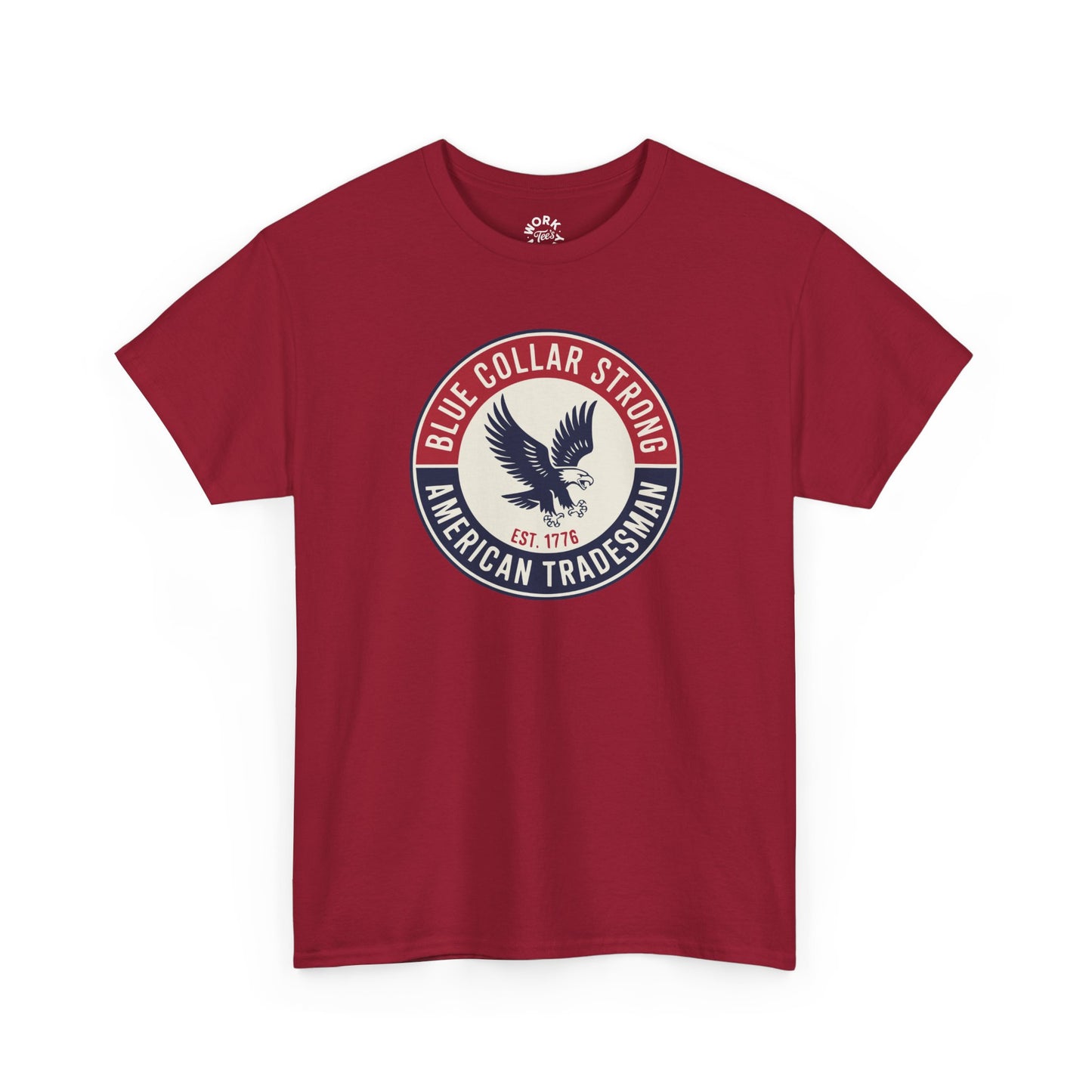 Red t-shirt with a circular logo featuring an eagle and text on a white background