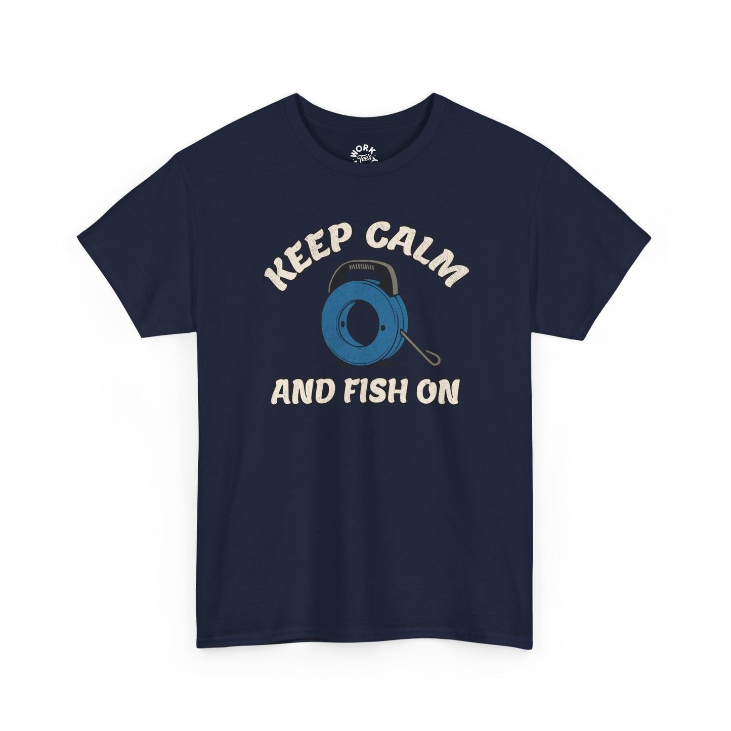 Navy blue t-shirt with 'Keep Calm and Fish On' graphic on a white background