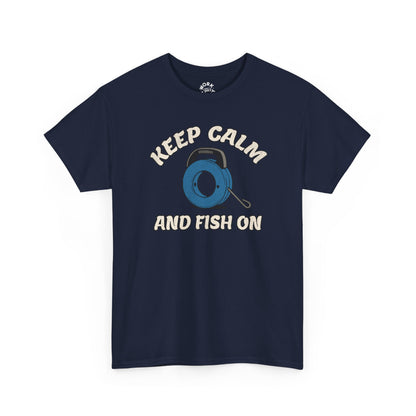 Navy blue t-shirt with 'Keep Calm and Fish On' graphic on a white background