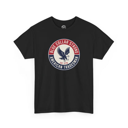 Black t-shirt with a circular logo featuring an eagle and text on a white background