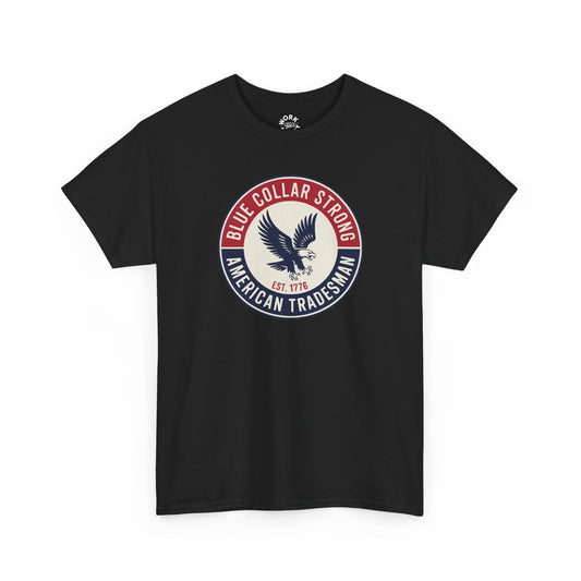 Black t-shirt with a circular logo featuring an eagle and text on a white background