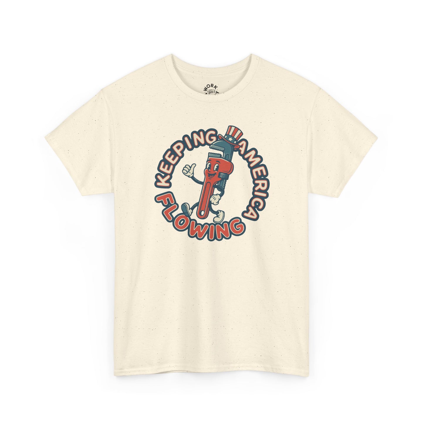Beige t-shirt with a graphic design of a red fire hydrant and text on a white background