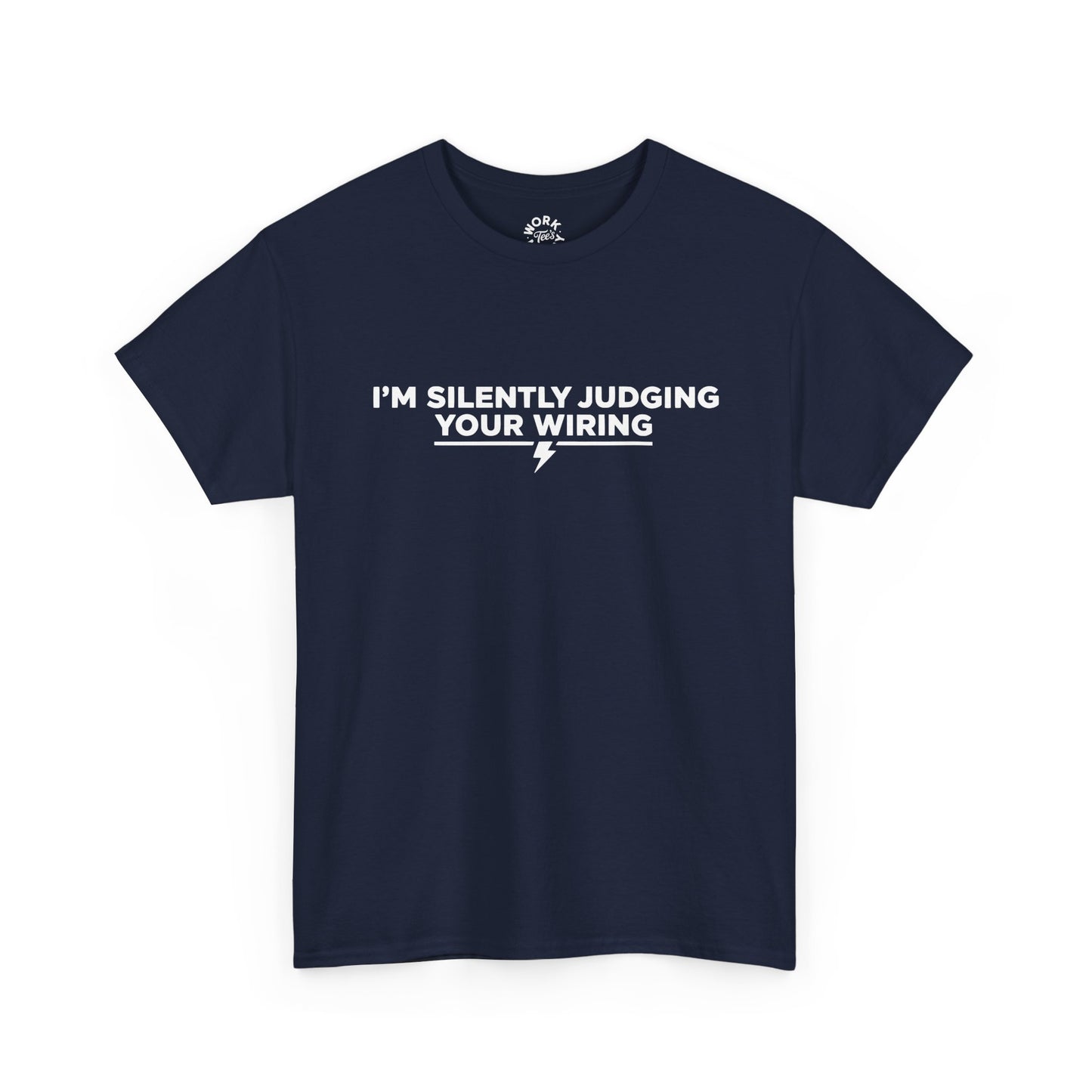 Navy blue t-shirt with white text on a white background