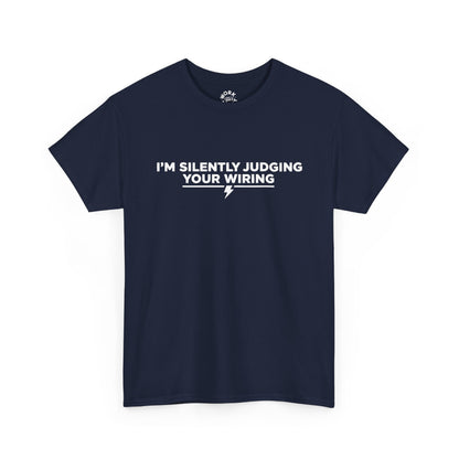 Navy blue t-shirt with white text on a white background
