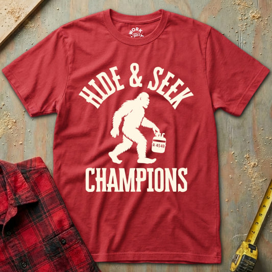 Red t-shirt with 'Hide & Seek Champions' graphic on a textured surface