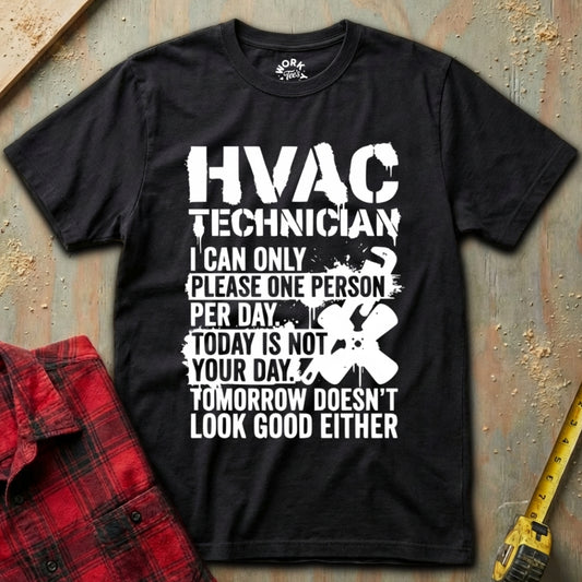 Black t-shirt with HVAC Technician text design on a textured surface with tools.