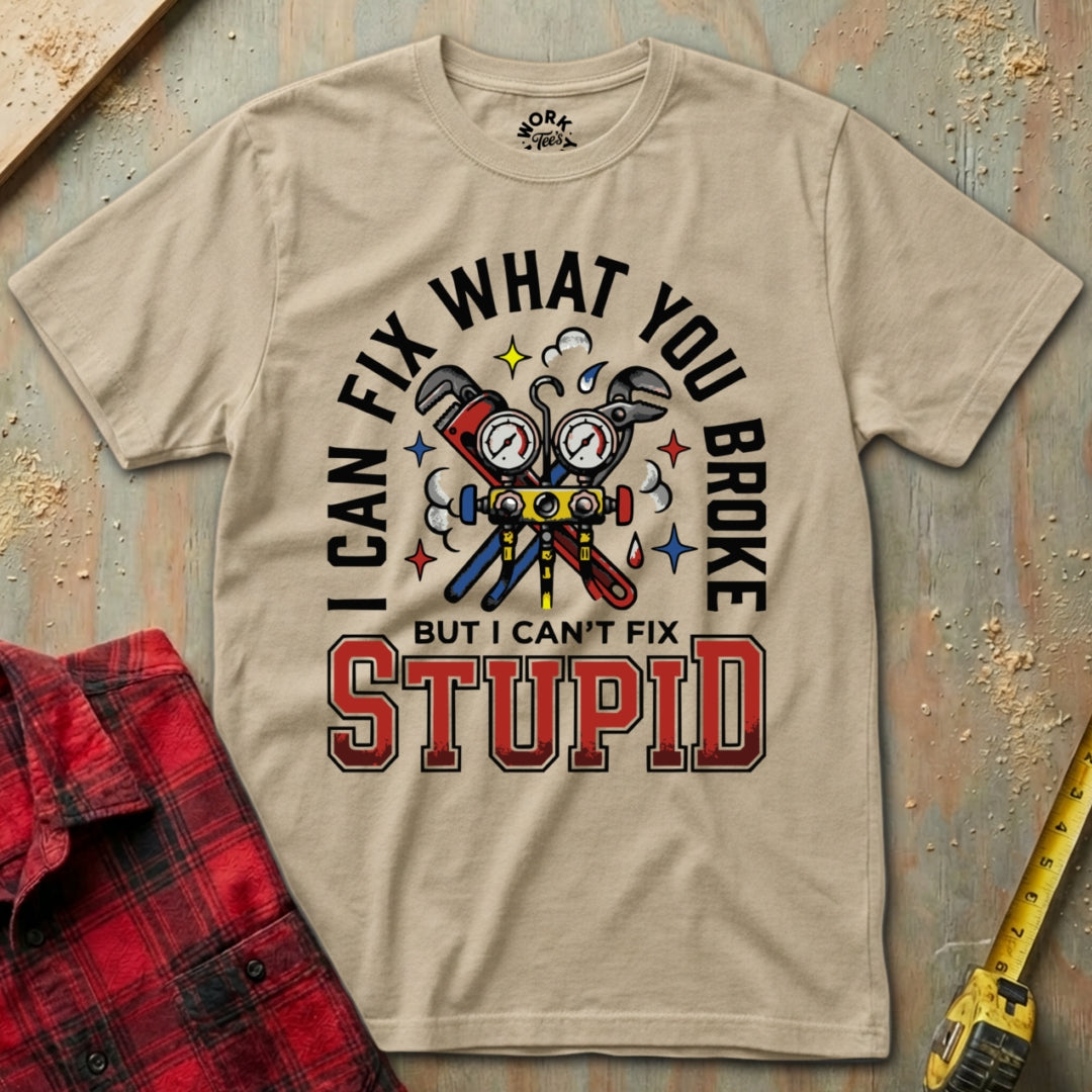 Beige t-shirt with humorous graphic and text on a wooden background