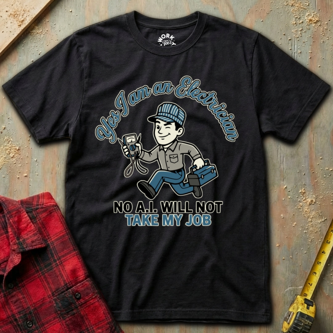 Black t-shirt with an electrician graphic and text on a textured surface with tools.