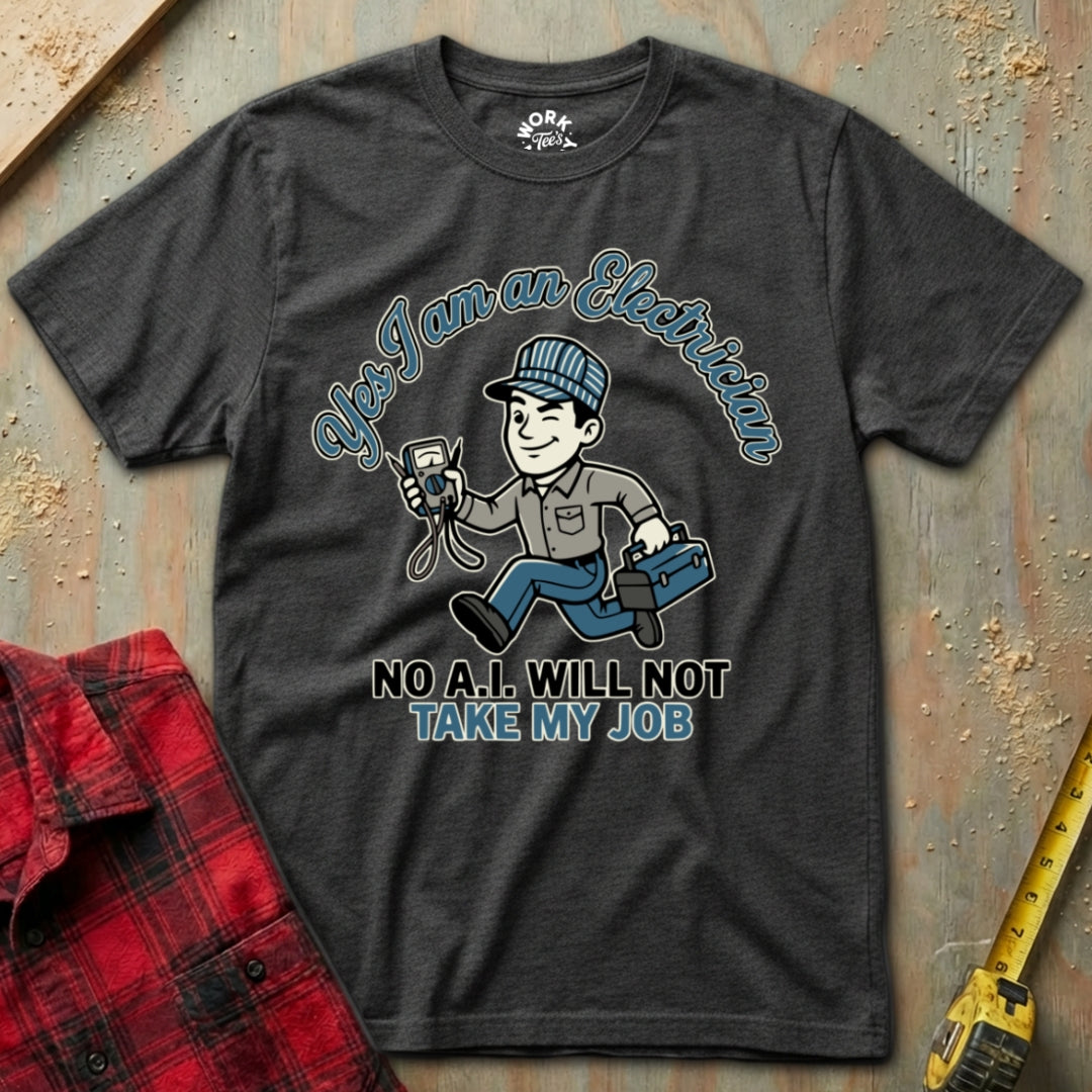 Dark gray t-shirt with an illustration of an electrician and text on a textured surface.