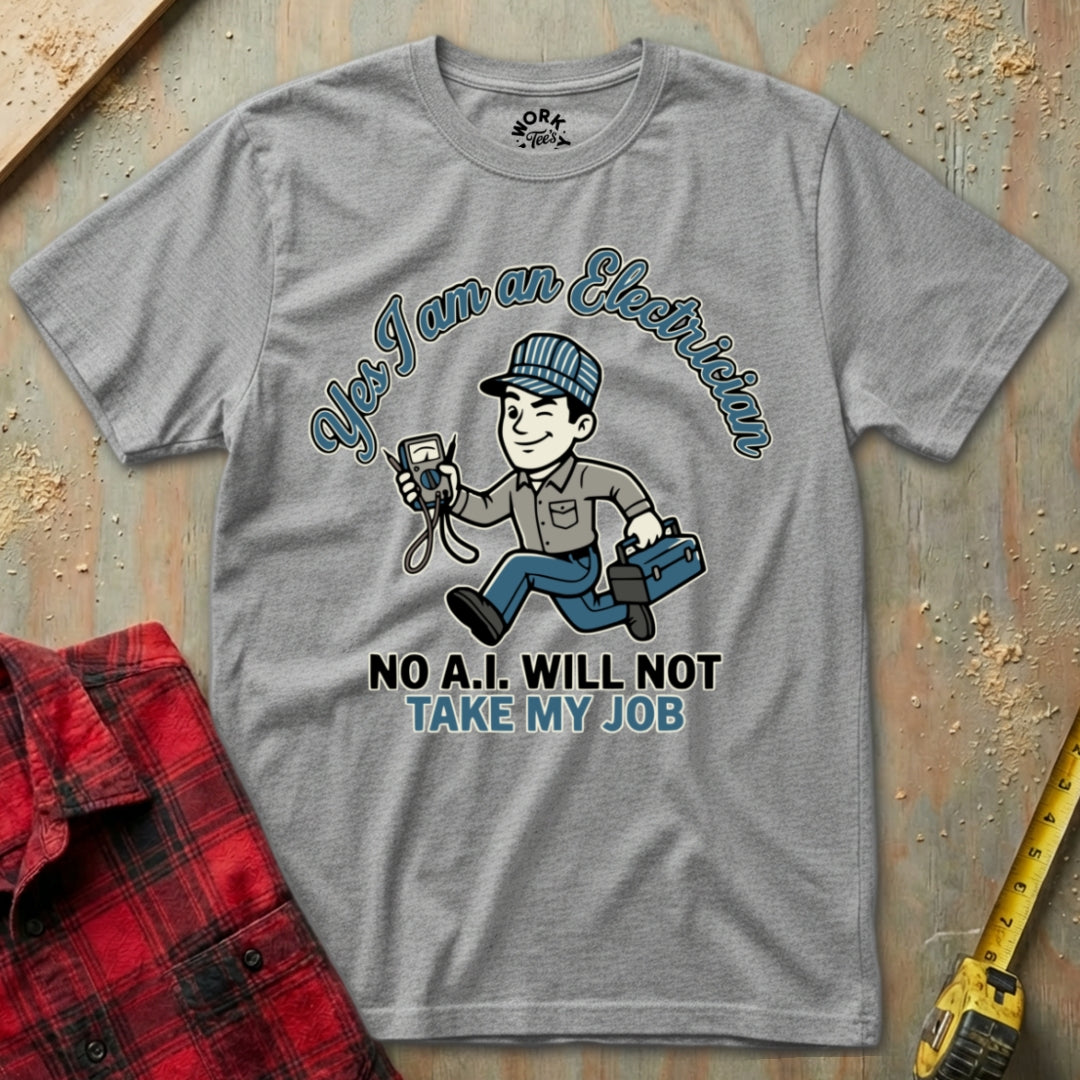 Gray t-shirt with an electrician graphic and text on a wooden background