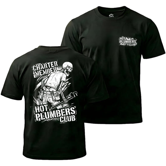 Black t-shirt with 'Hot Plumbers Club' graphic on front and back