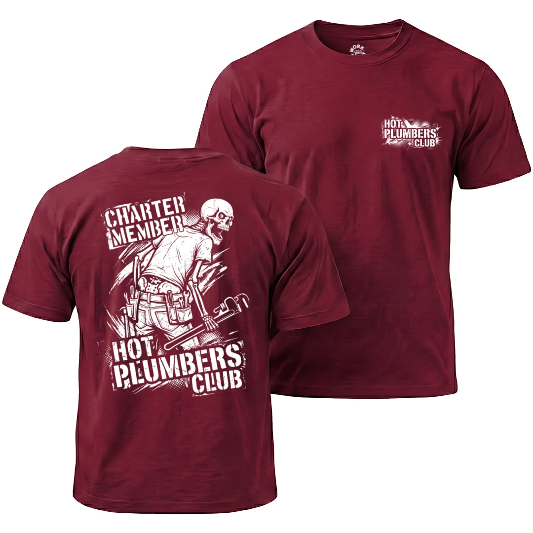 Maroon t-shirt with 'Hot Plumbers Club' graphic on front and back