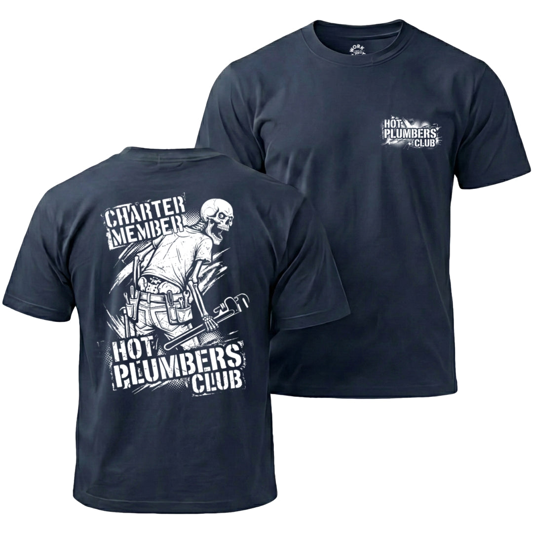 Navy blue t-shirt with 'Hot Plumbers Club' graphic on front and back
