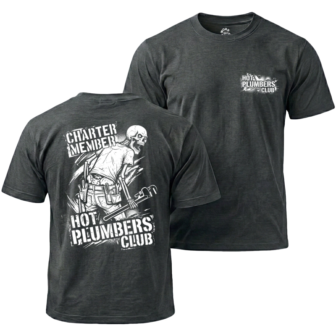 Black t-shirt with 'Hot Plumbers Club' graphic on a white background