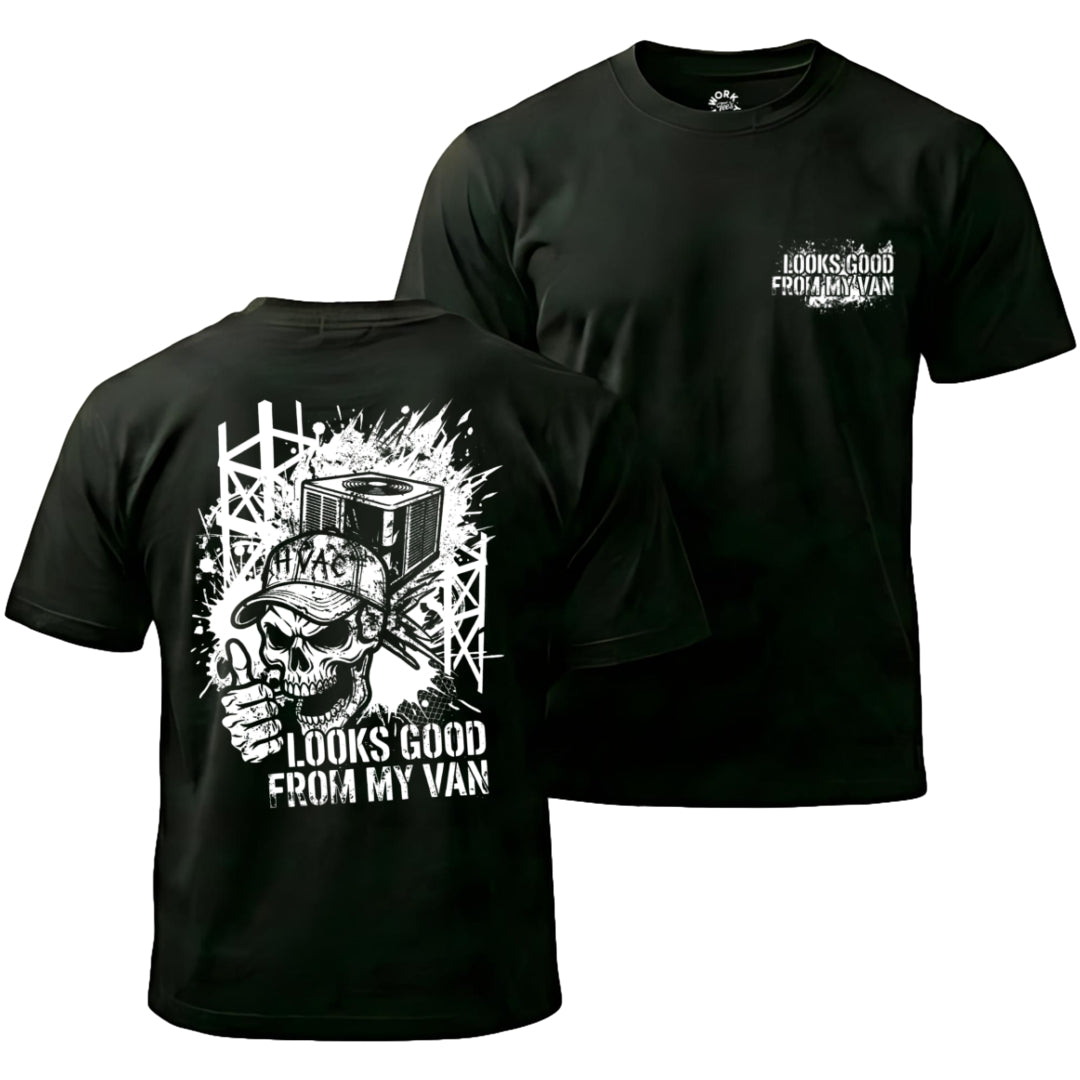 Black t-shirt with graphic design and text on front and back, displayed on a white background.