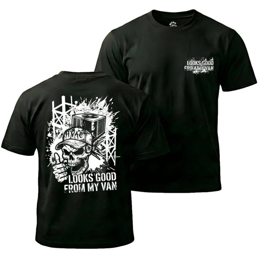 Black t-shirt with graphic design and text on front and back, displayed on a white background.