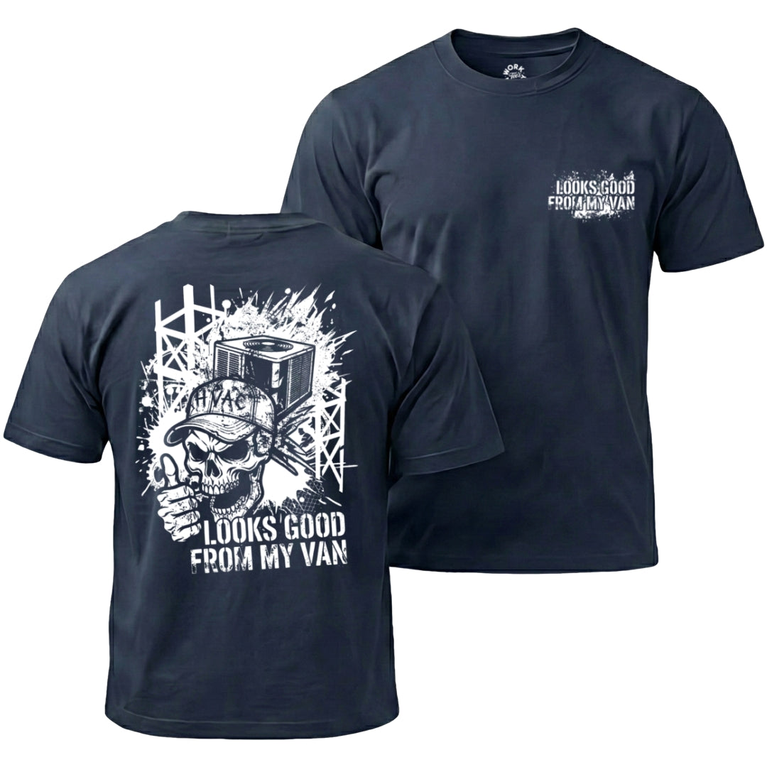 Navy blue t-shirt with graphic design and text on front and back