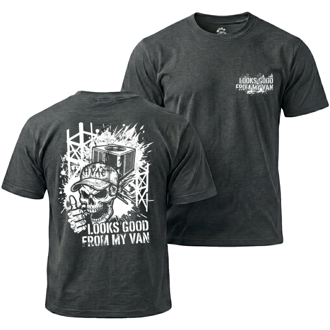 Black t-shirt with graphic design and text on front and back, displayed on a white background.