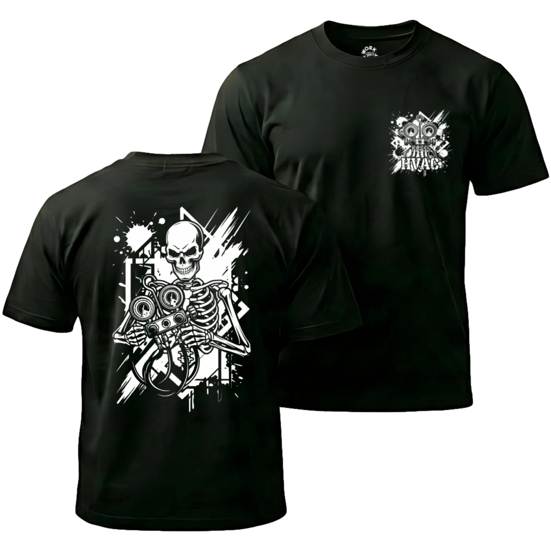 Black t-shirt with skeleton design on front and logo on back