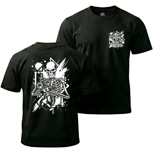 Black t-shirt with skeleton design on front and logo on back
