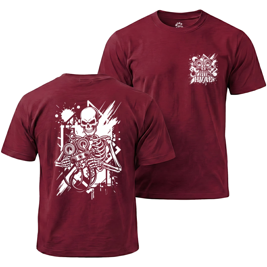 Maroon t-shirt with white skeleton design on front and back