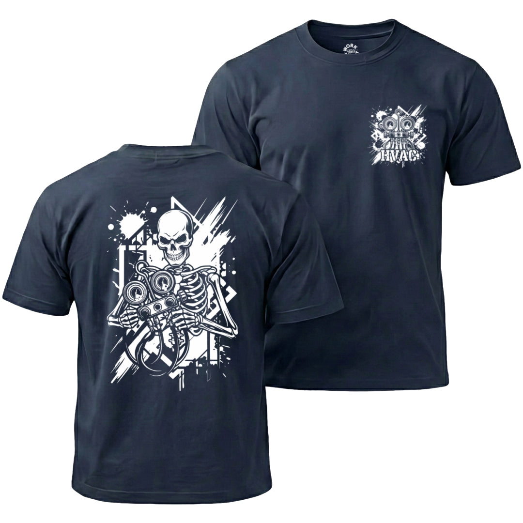Navy blue t-shirt with skeleton graphic on front and back