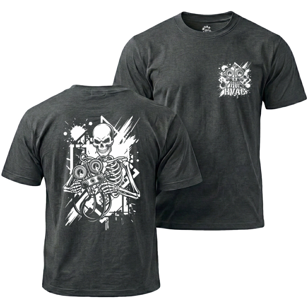 Black t-shirt with skeleton graphic on front and back, brand logo visible.