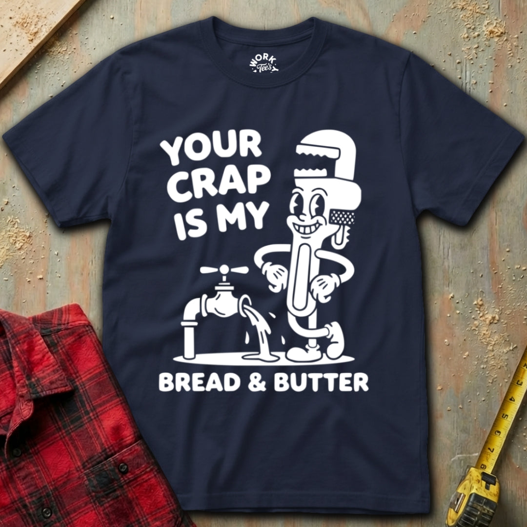 Navy blue t-shirt with a graphic design and text on a textured surface.