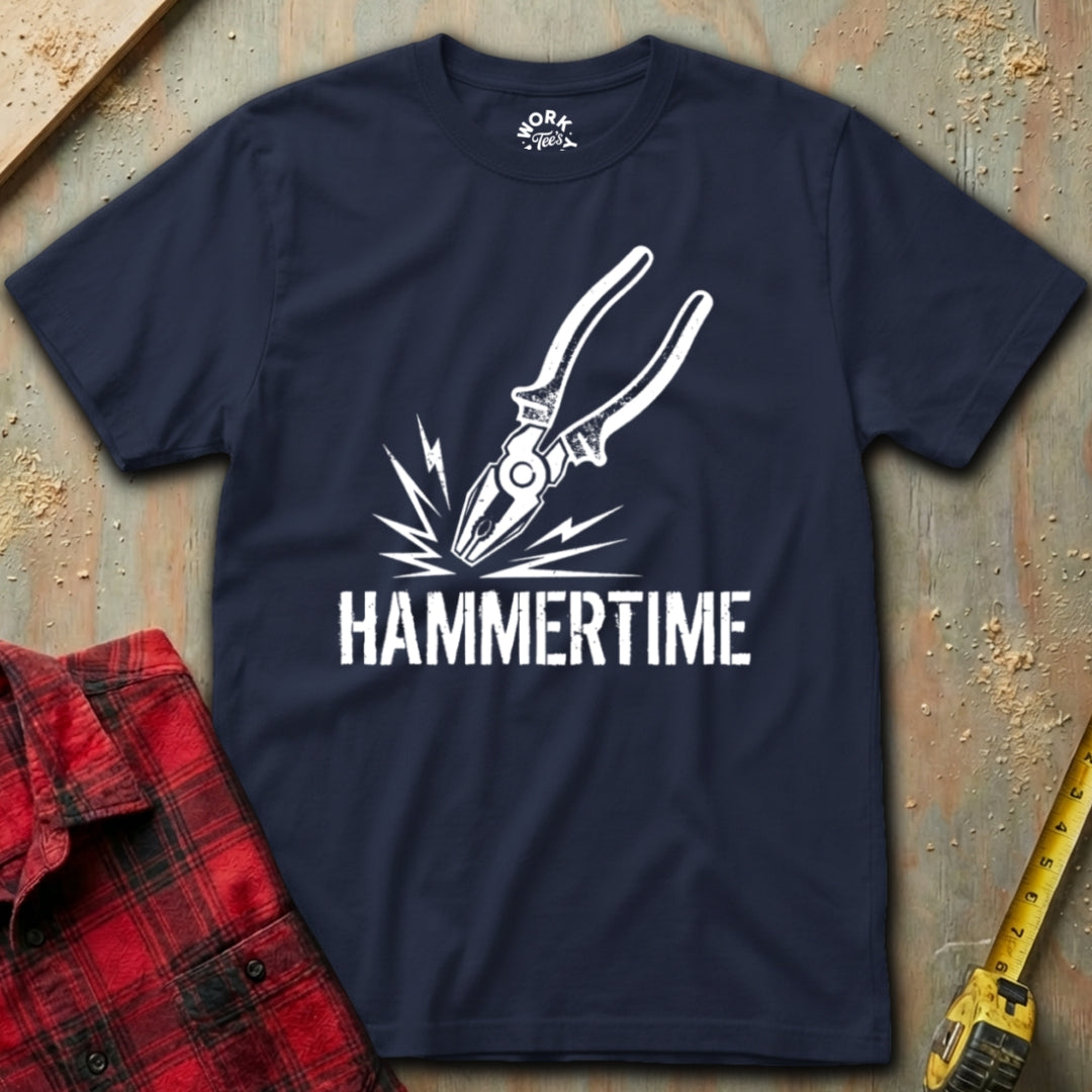 Navy blue t-shirt with white graphic and 'HAMMERTIME' text on a textured surface with tools.